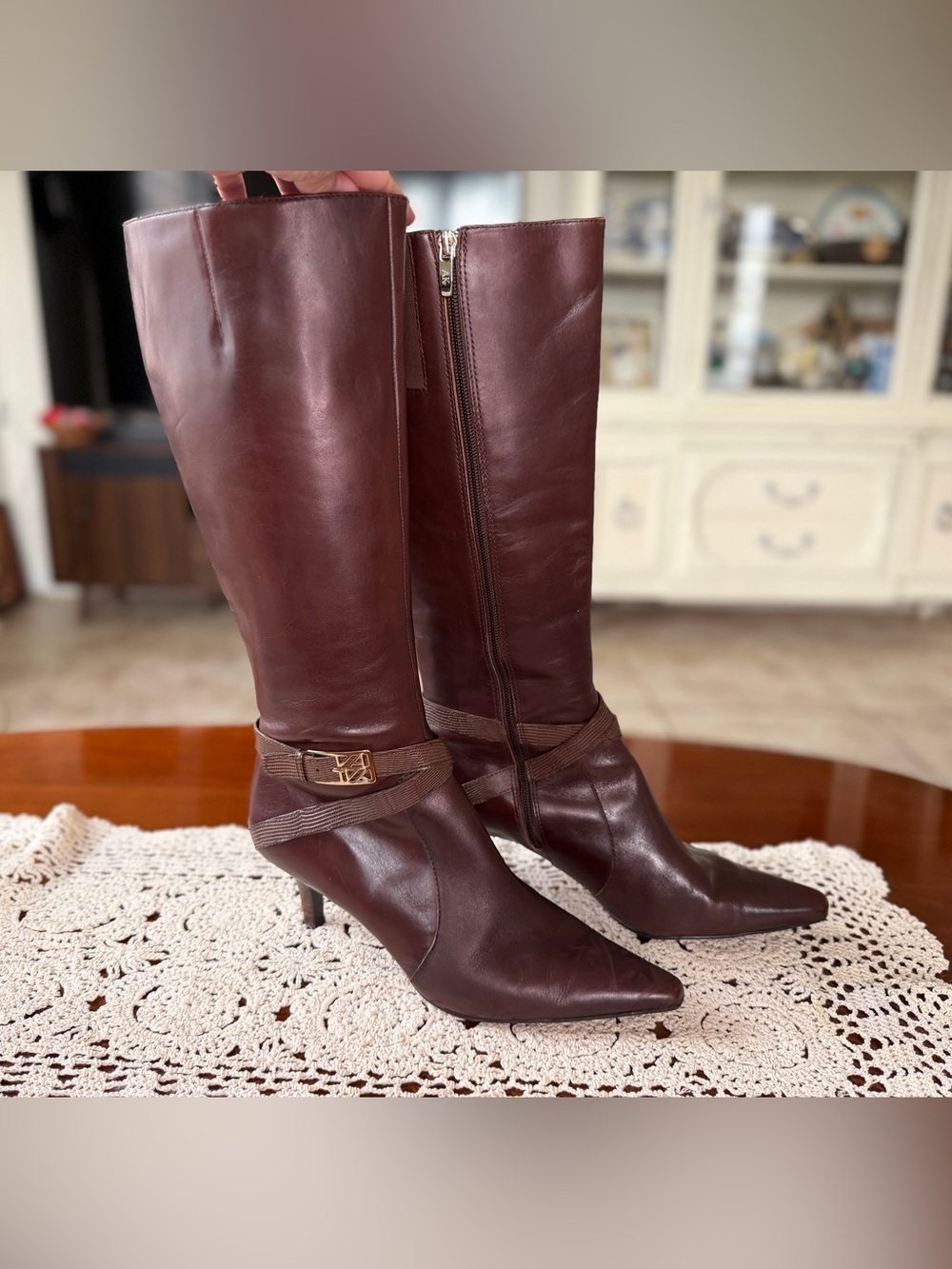 Anne Klein Burgundy Pointed-Toe Knee-High Leather Boots with Buckle Strap